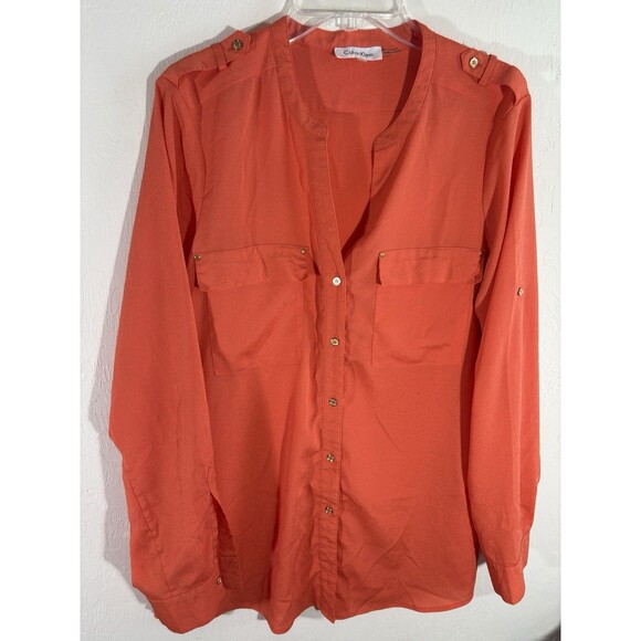 Calvin Klein Women’s Roll Tab Sleeve Blouse Orange Large Gold Buttons Pockets - Picture 7 of 7